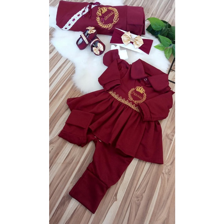 Saida de Maternidade  Kit Completo  6 peças  Luxo Marsala Menina Macacão vestido para RN com pé reversível
