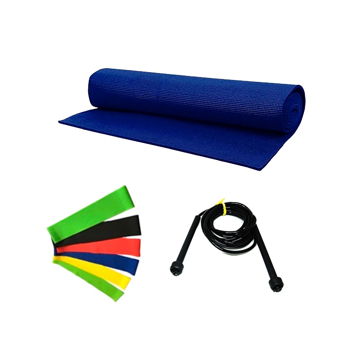 Kit Funcional Treinar em Casa C/ Tapete Yoga Azul + corda + kit mini band com 5 Tradicional
