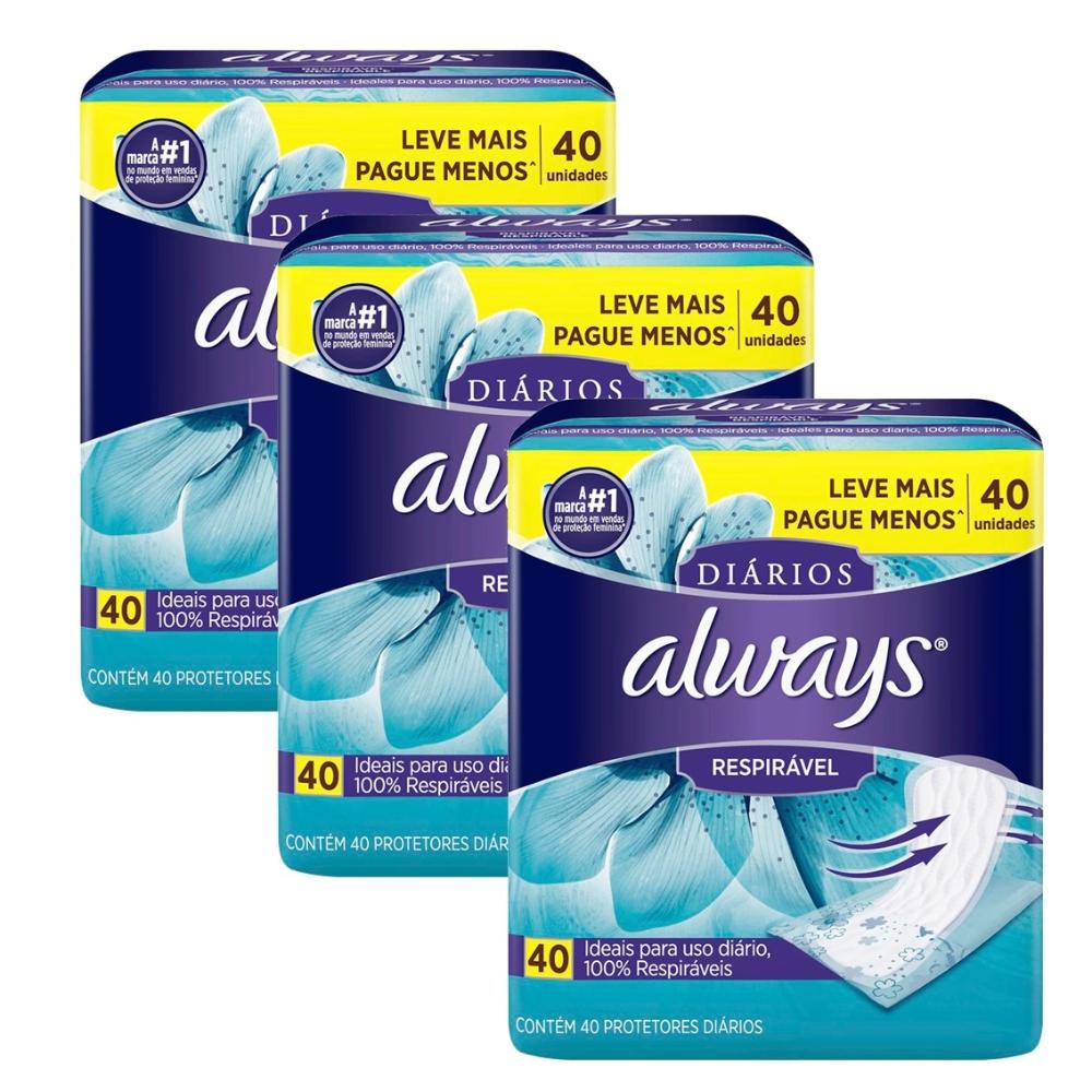 Kit Protetores Diários Always Respirável 40 Unidades - 3 Unidades - Health
