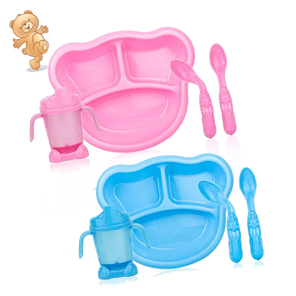 Kit Refeição Infantil Papinha Bebê Prato Copo E Colher Fofo Urso Adoleta Bebê Prato + Copo + talher