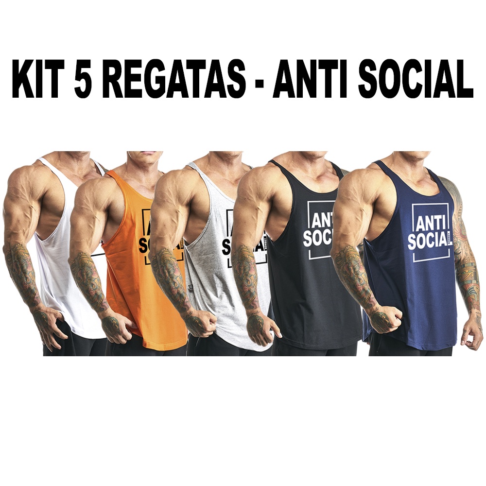Kit 5 Regatas cavada masculina em algodão Treino Praia Bombey - Anti Social