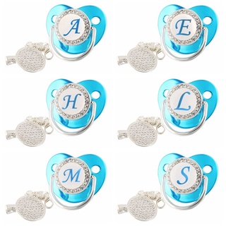 Nome De Luxo Carta Inicial Clipes Para Bebês Recém Nascido BPA Silicone Livre Metálico Azul Pacifier Suporte Teether Baby Show