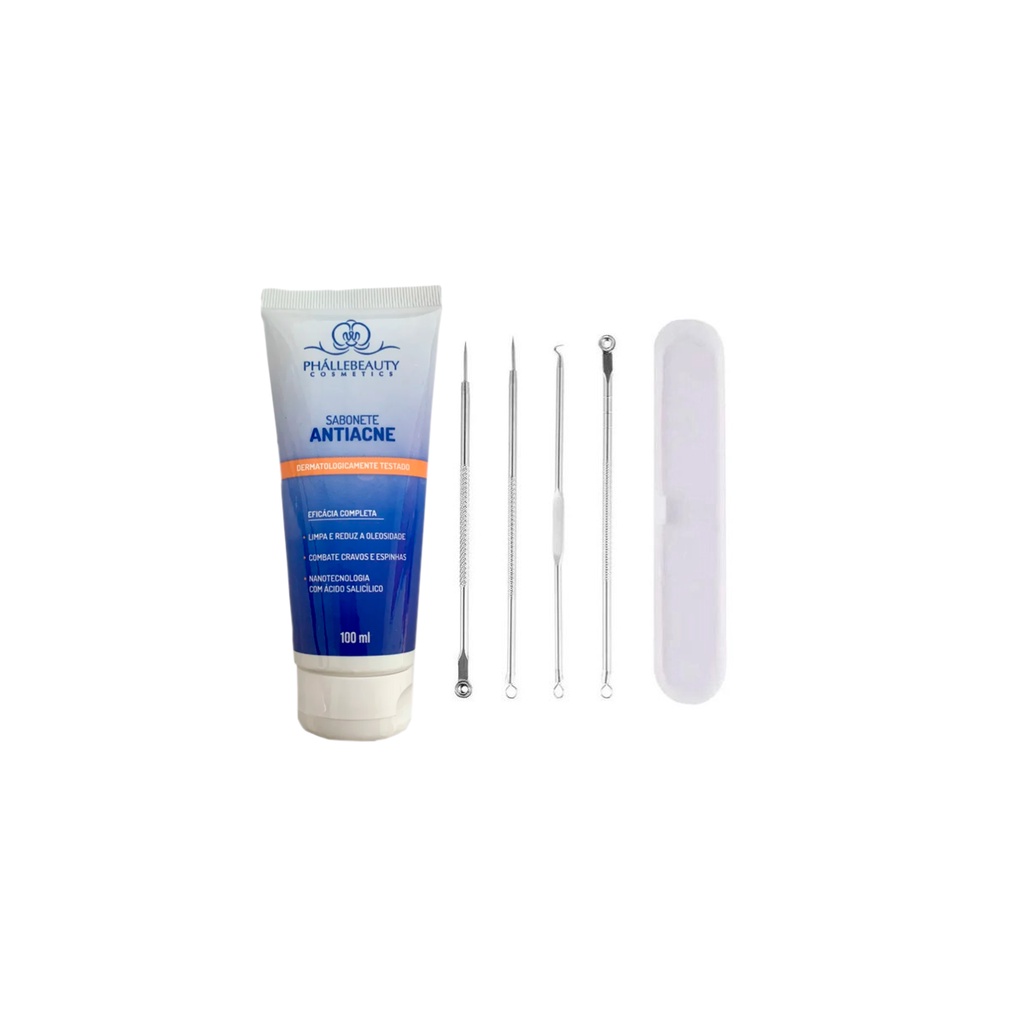 Kit Sabonete Antiacne Phallebeauty + Estojo Extrator de Cravos com 4 peças QBM00922