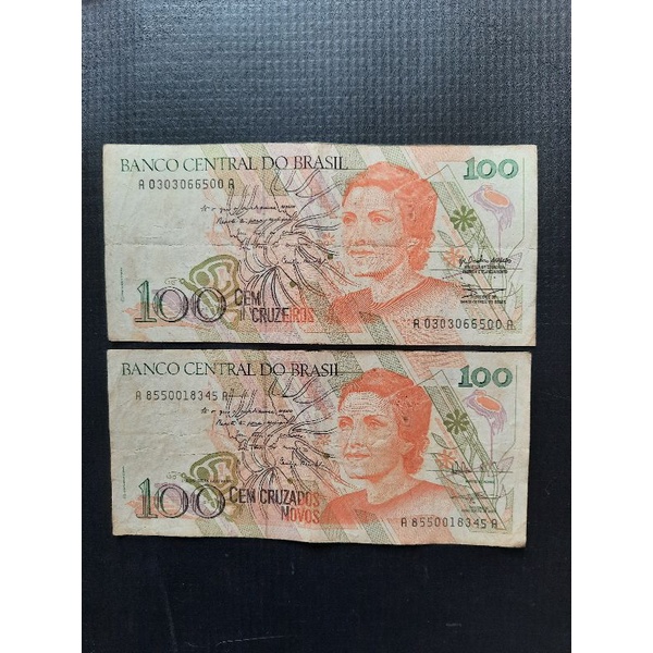 Brasil = 02 Cédulas antigas 100 Cruzados Novos e 100 Cruzeiros dos anos 1989 e 1990 Mbc