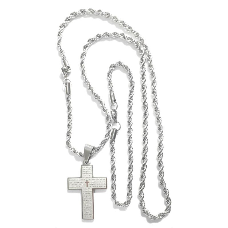 corrente cordão baiano trançada + pulseira + crucifixo pai nosso em aço inox prata