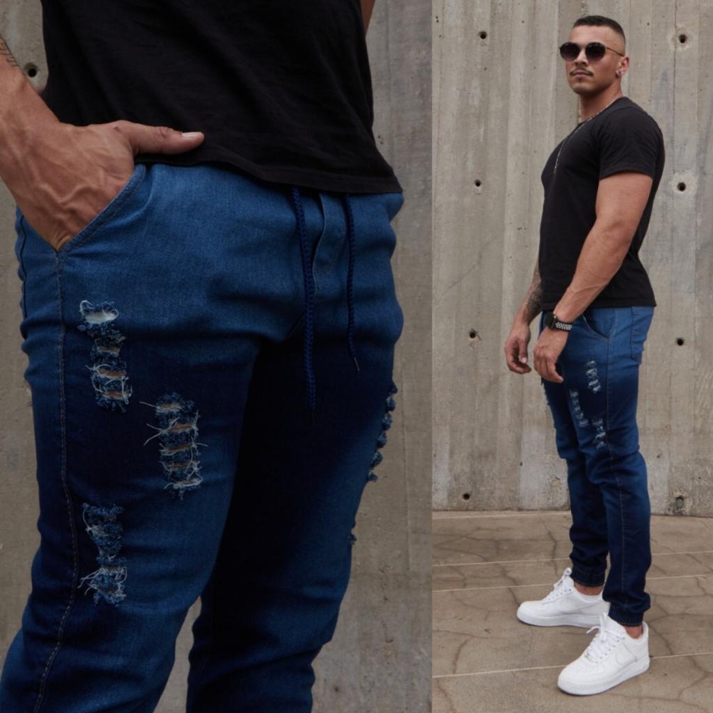 Calça Jogger JEANS MASCULINA FEMININA Com Elástico RASGADA Sarja Fotos