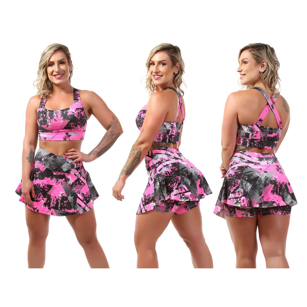 Kit 3 Conjuntos Short Saia Rodado e Top Fitness Roupas Femininas Para Academia A16