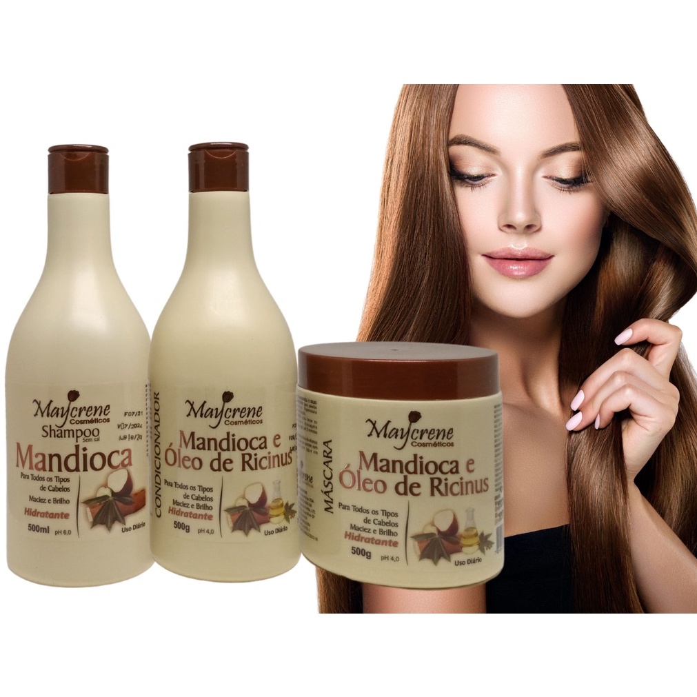 Kit Mandioca Maycrene 3x500ml - Nutrição, Fortalecimento, Restauração e Brilho aos fios