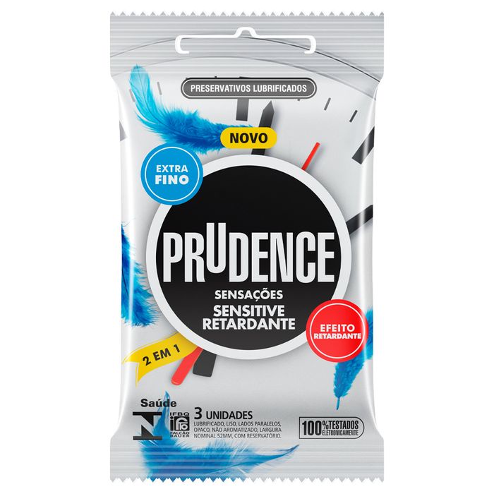 Preservativo Masculino Prudence Sensitive Retardante Camisinha Mais Fino 3 unidades