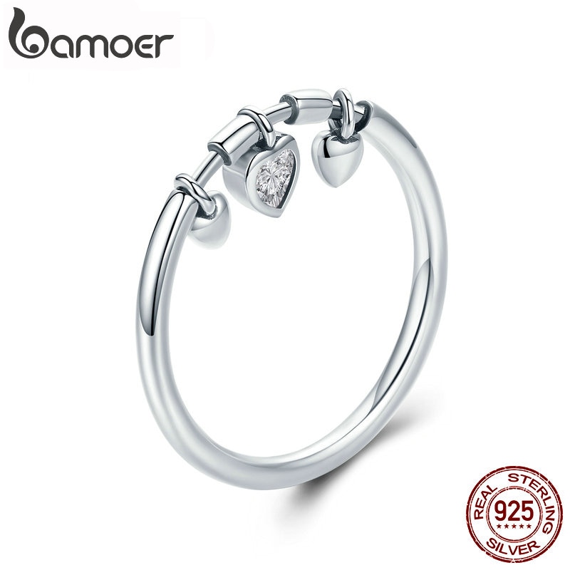 BAMOER 925 Sterling Silver Glittering Heart Clear CZ Anel Female Ring Women Wedding Engagement Jewelry SCR215 em Oferta na Shopee