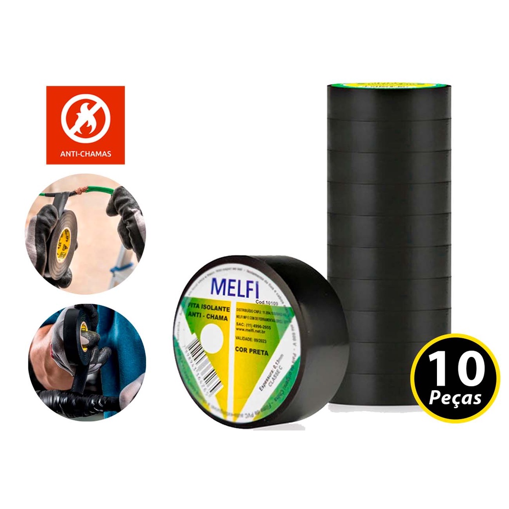 Kit Fita Isolante Antichama Preta - 5m 10m 20m Pacote Com 10 Unidades Isola Corrente Elétrica