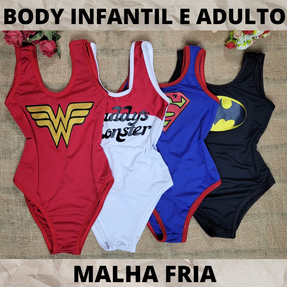 Body fantasia de CARNAVAL temático adulto e infantil de malha HEROÍNAS
