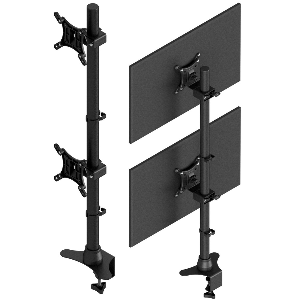 Braço 2 Monitores Vertical Fixação Morsa Giro 360º Ajuste de Inclinação e Altura 10'' até 27'' 20kg Vesa 100x100