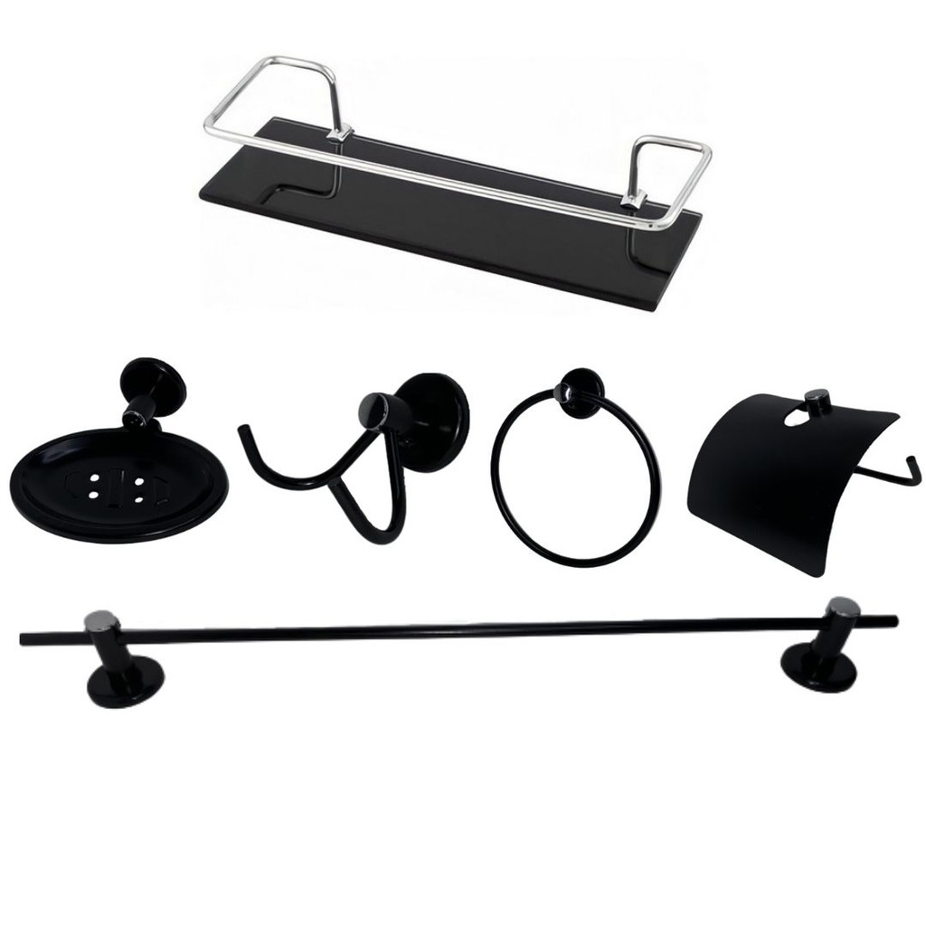 Kit Para Banheiro 05 Peças Aço Inox preto fosco + Porta Shampoo Prateleira com Grade e Vidro(6mm) Reto fumê