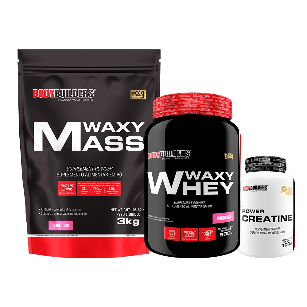 Kit Hipercalórico Waxy Mass 3kg + Whey Protein Waxy Whey 900g + Power Creatina 100g - Bodybuilders Kit para aumento de massa muscular