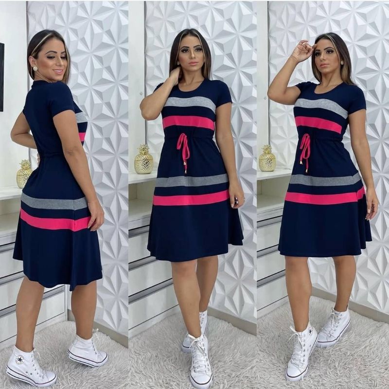 Vestido Náutico Evangélico Manga Curta Malha Viscolycra com Cordão de Ajuste na Cintura Mo...
