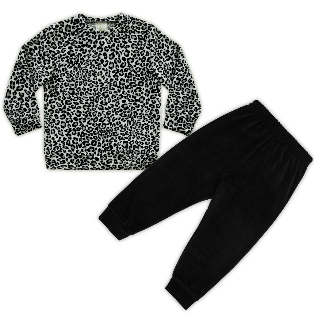 Conjunto Infantil Plush Agasalho Menina Inverno Animal Print Onça Preto