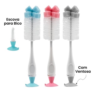 Escova para Lavar Mamadeira e Bico com Ventosa Bebê Limpeza Esponja Buba