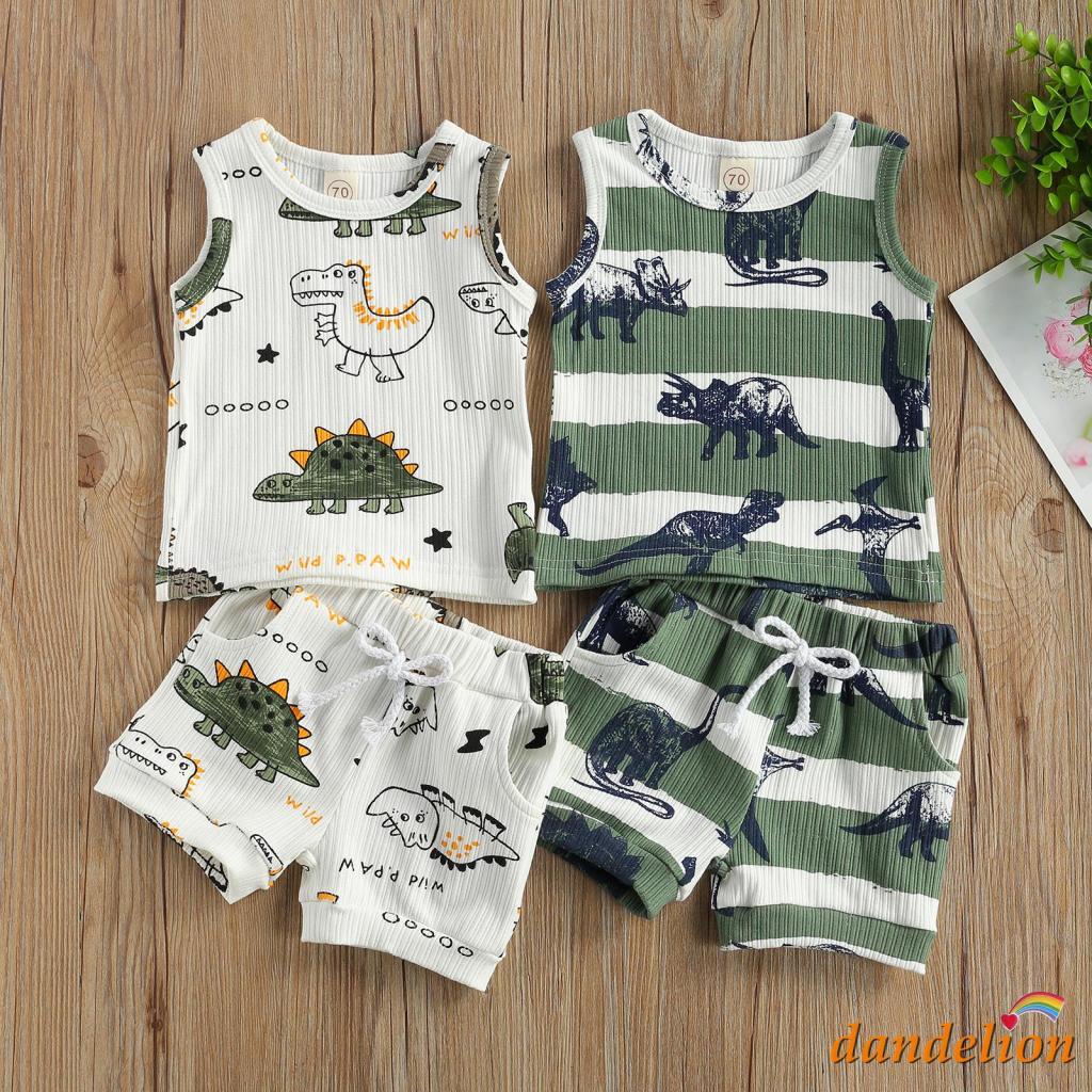 Dandelion-0-24 Meses Conjunto De Verão Para Bebês Meninos , Colete Sem Manga Com Estampa De Dinossauro + Shorts Cintura Elástica