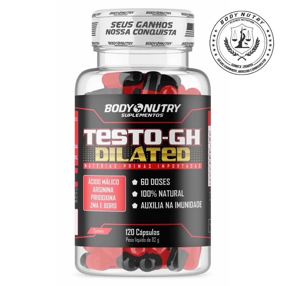 Suplemento Testo-Gh DILATED, pote 120 cápsulas, pré-hormonal e Vasodilatador mais potente do mercado, Body Nutry