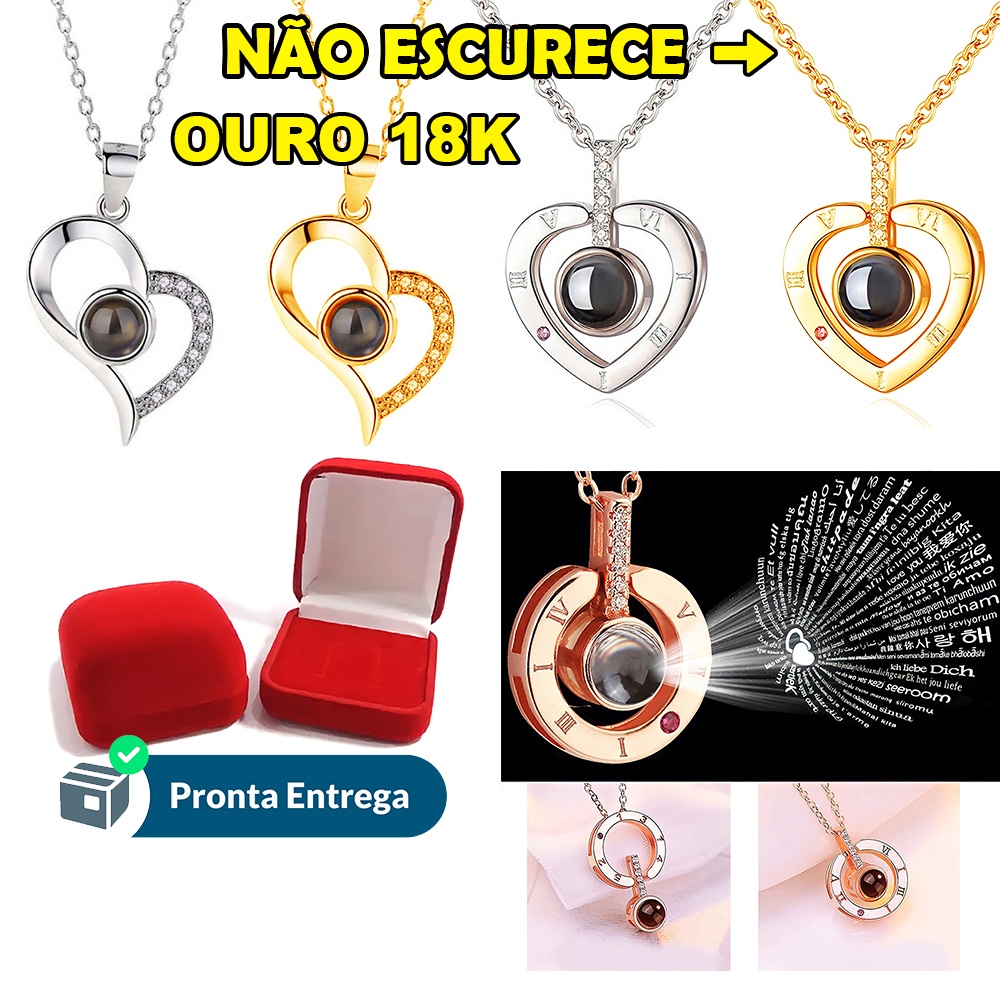 Colar Eu te Amo 100 Idiomas Folheado Ouro 18K Línguas Projetor Coração Namorados com Caixinha