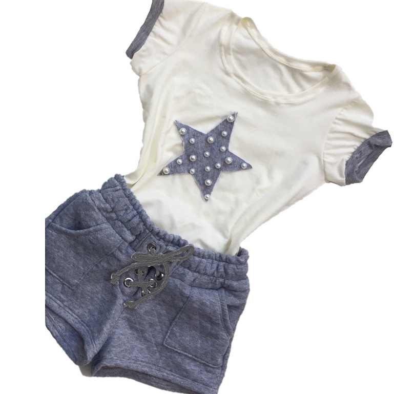 Conjunto  Infantil Camiseta Feminina e Shorts Feminino Estrela Verão
