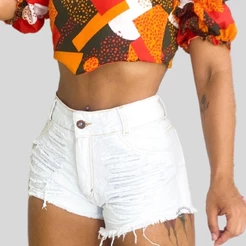 Short Jeans Branco Feminino Cintura Alta Destroyed