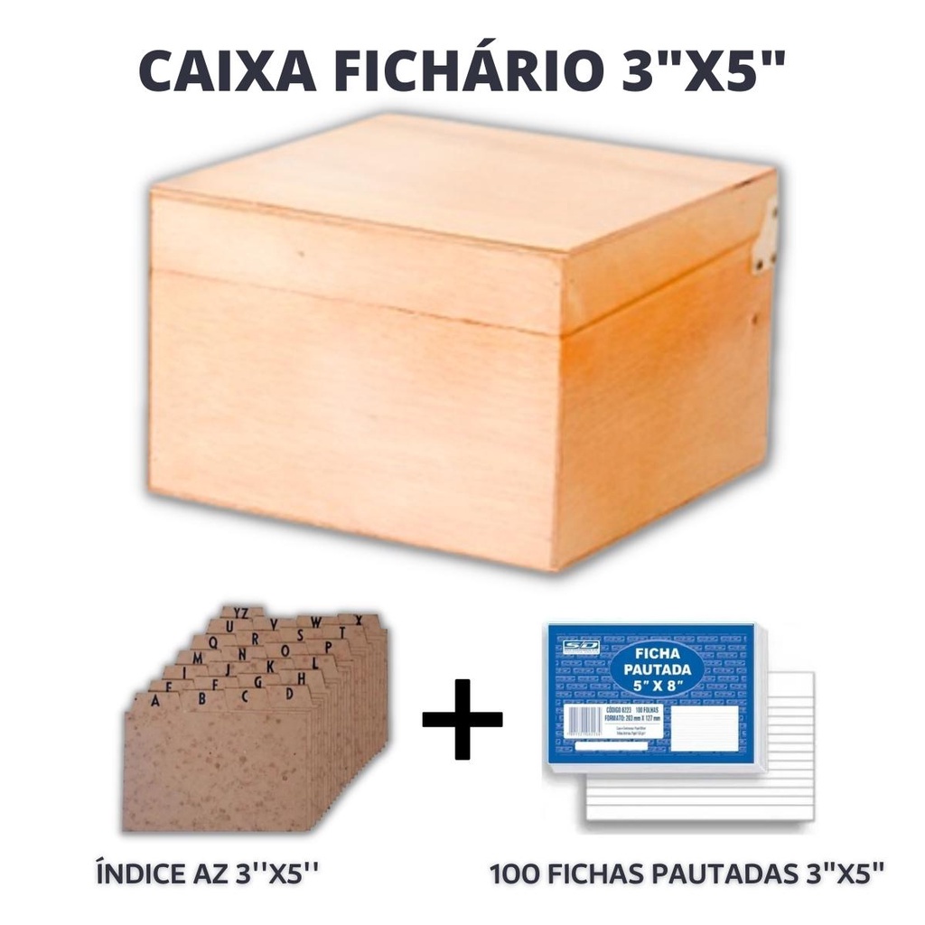 Caixa Fichário Mesa Madeira 3x5 + Índice + 100 Ficha Pautada
