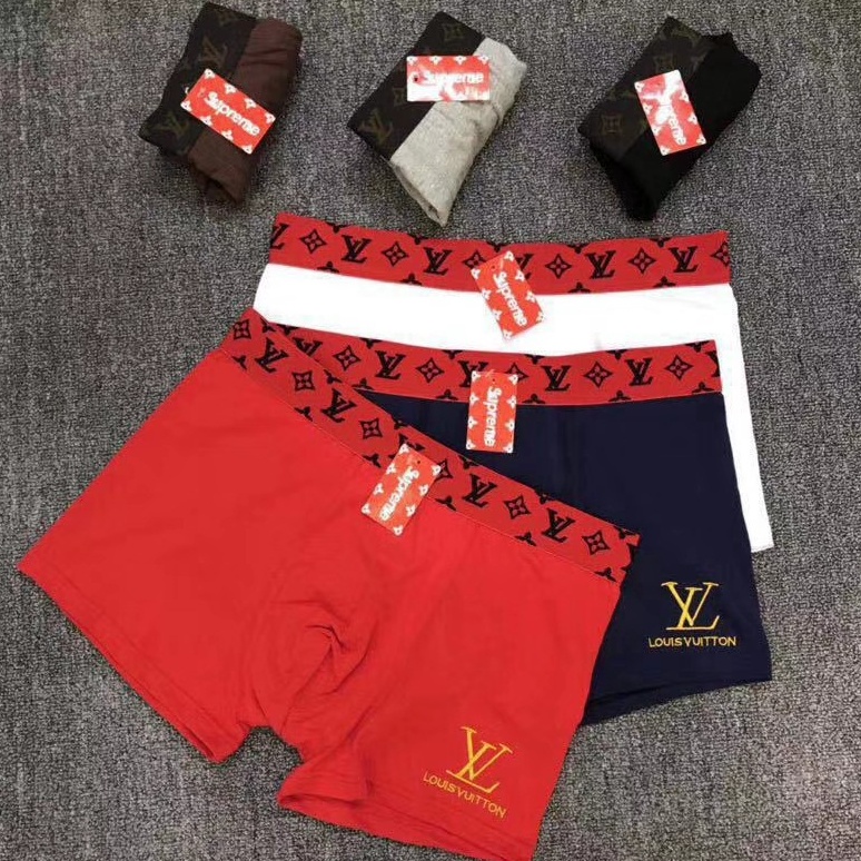 LV 1pç/3pçs + Caixa) Roupa Íntima Masculina De Algodão Flexível Confortável  M-XXL - Escorrega o Preço