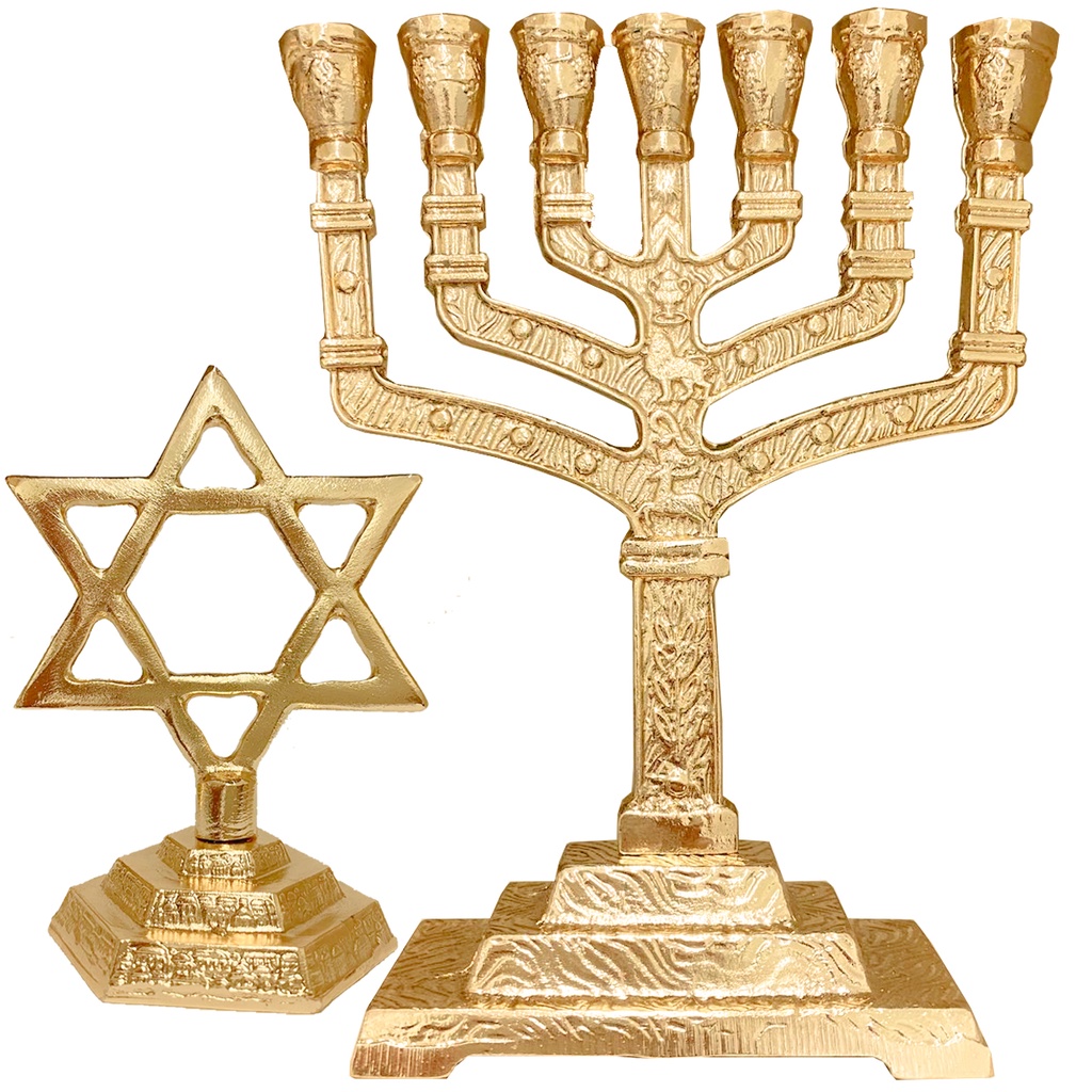 Candelabro menorá judaico com as12tribos de Israel dourado16cm +Estrela de Davi dourada10cm Promoção