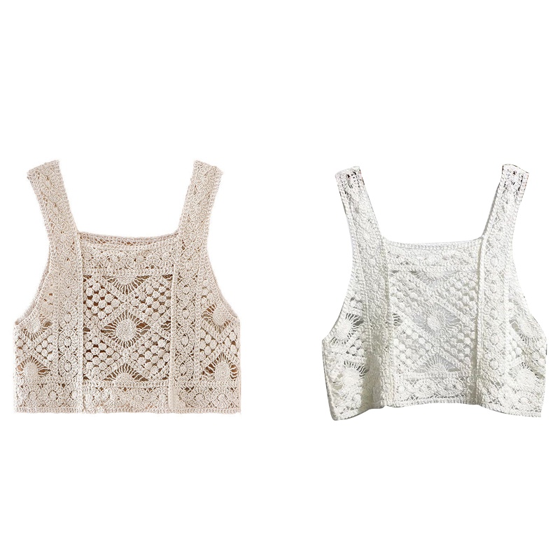 KIN Camisola Feminina Vintage De Crochê Boêmia Vazada Geométrica Floral Colete De Malha Slim Sem Mangas Crop Roupa De Pr