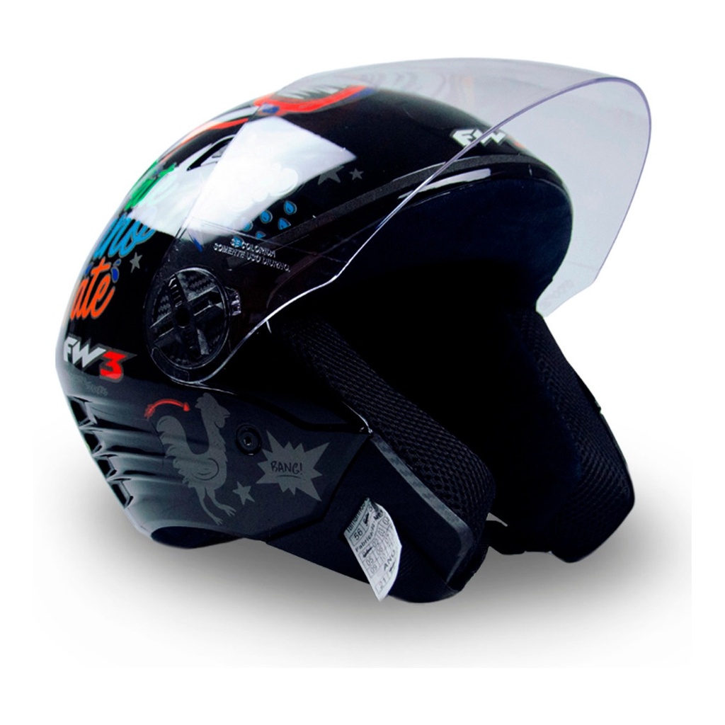 Capacete Aberto Confortável E Resistente Preto Brilhante Tamanho 56 Com Viseira Transparente FW3 em Oferta na Shopee