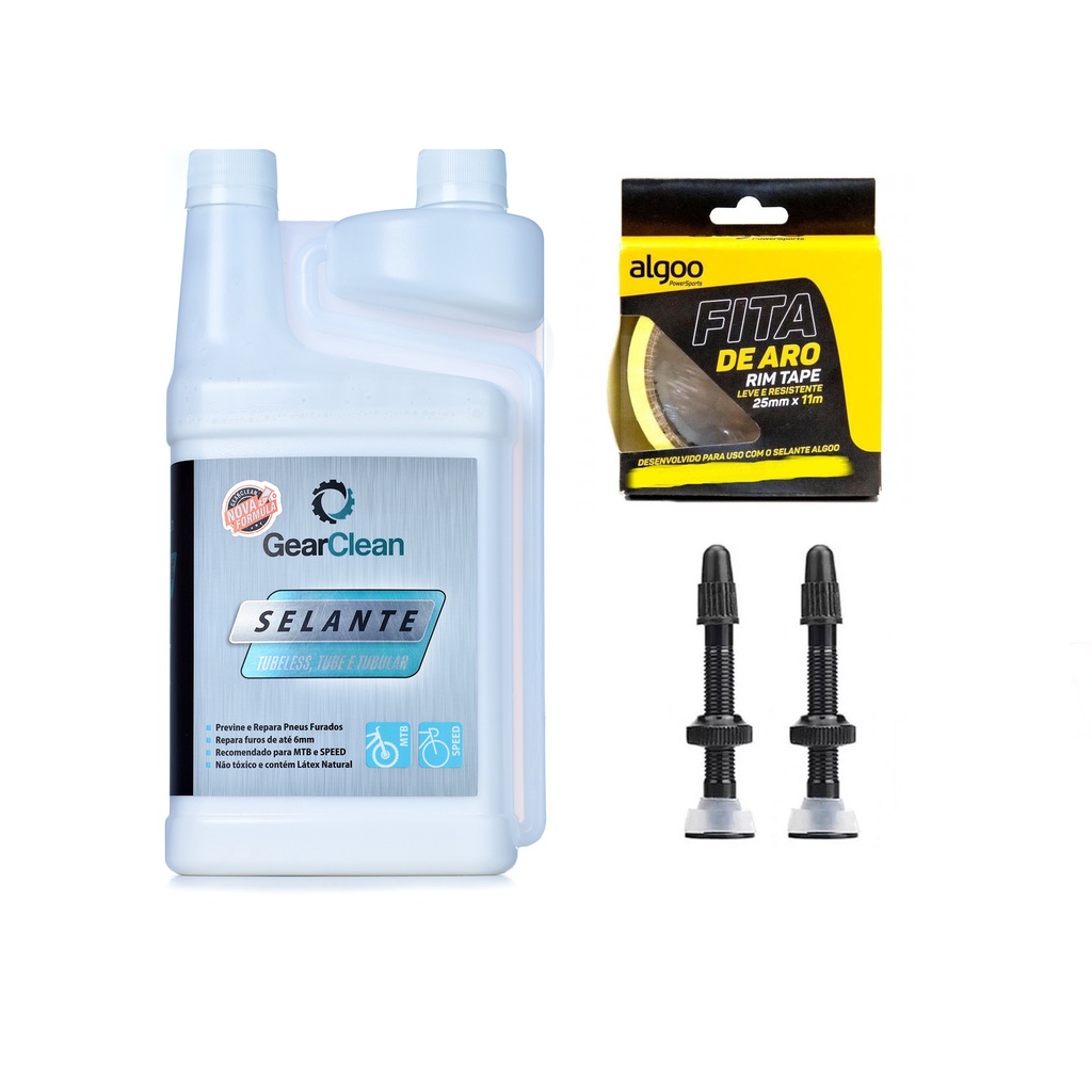 Kit tubeless bicicleta gear clean 1000ml + fita de aro algoo e válvulas promoção