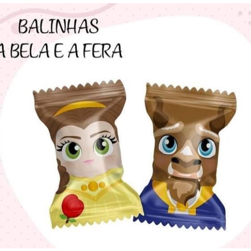 kit 100 Bala personalizada, Bela e a Fera, lembrancinha para festa infantil.