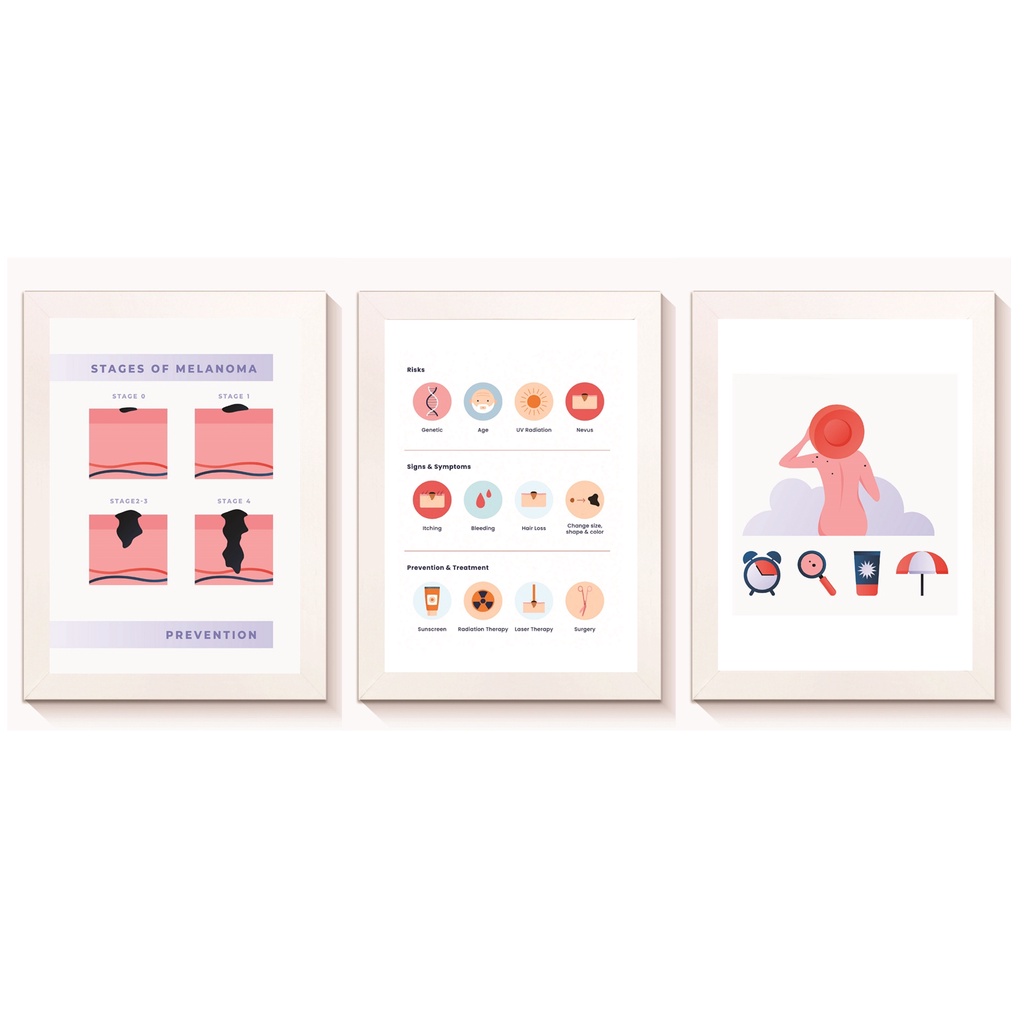 Kit 3 Quadros Decorativos Câncer de Pele Dermatologia Oncologia Molduras 20x30cm Madeira Vidro