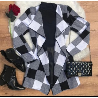 Cardigan Xadrez Sobretudo Lã Inverno Gola Chic Feminino Super Top