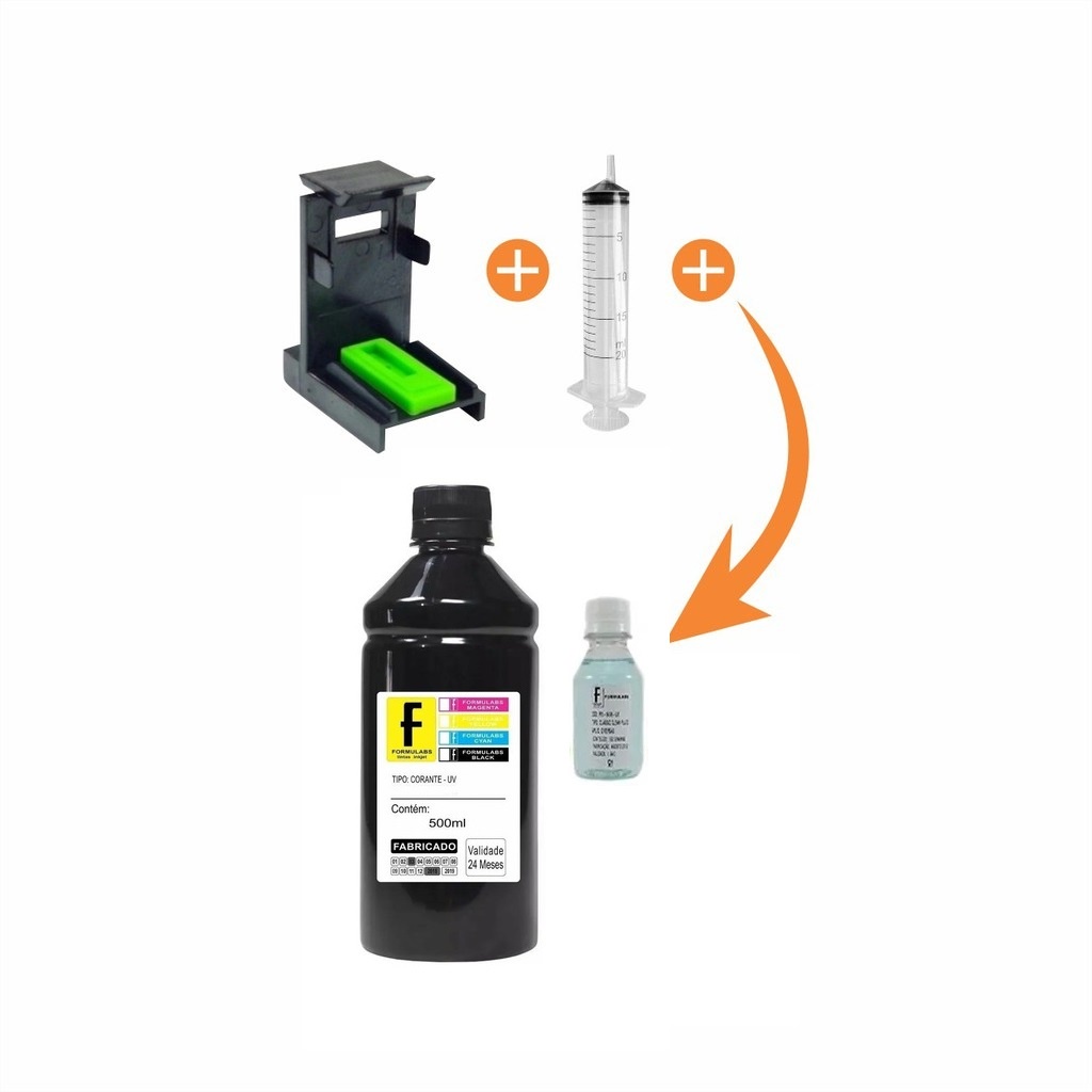 Kit Recarga Cartucho Compatível com HP 664 662 122 901 92 74 21 60 27 Tinta Preta 500ml + 100ml de Solução