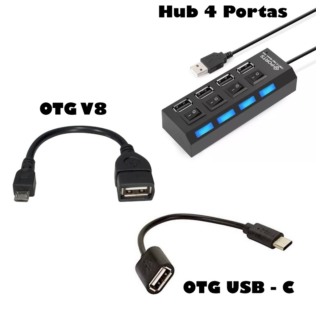 Adaptador 4 Portas Usb Para Celular Tipo C e Micro Usb V8 Otg + Hub Serve Pen Drive Mouse Teclado Impressora