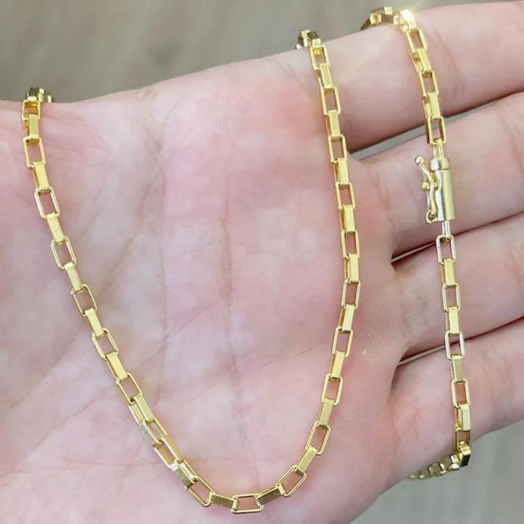 Corrente Masculina De Ouro Carrier Cubinho 70Cm Banhada a Ouro 24k Cordão Masculino Tijolinho