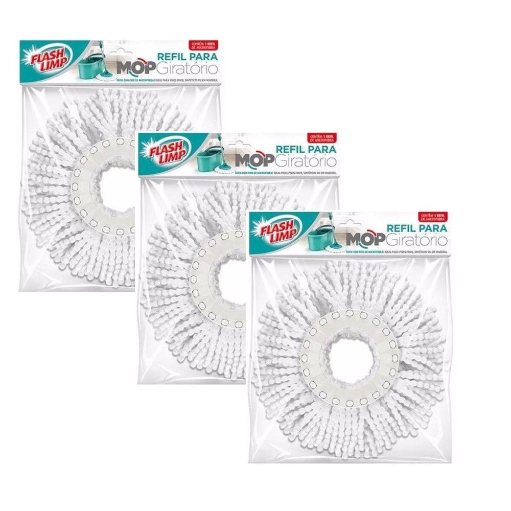 Kit 3 Refil Microfibra 16cm para Mop Giratório Esfregão Pró 3 em 1 360 RMOP8210 Flash Limp