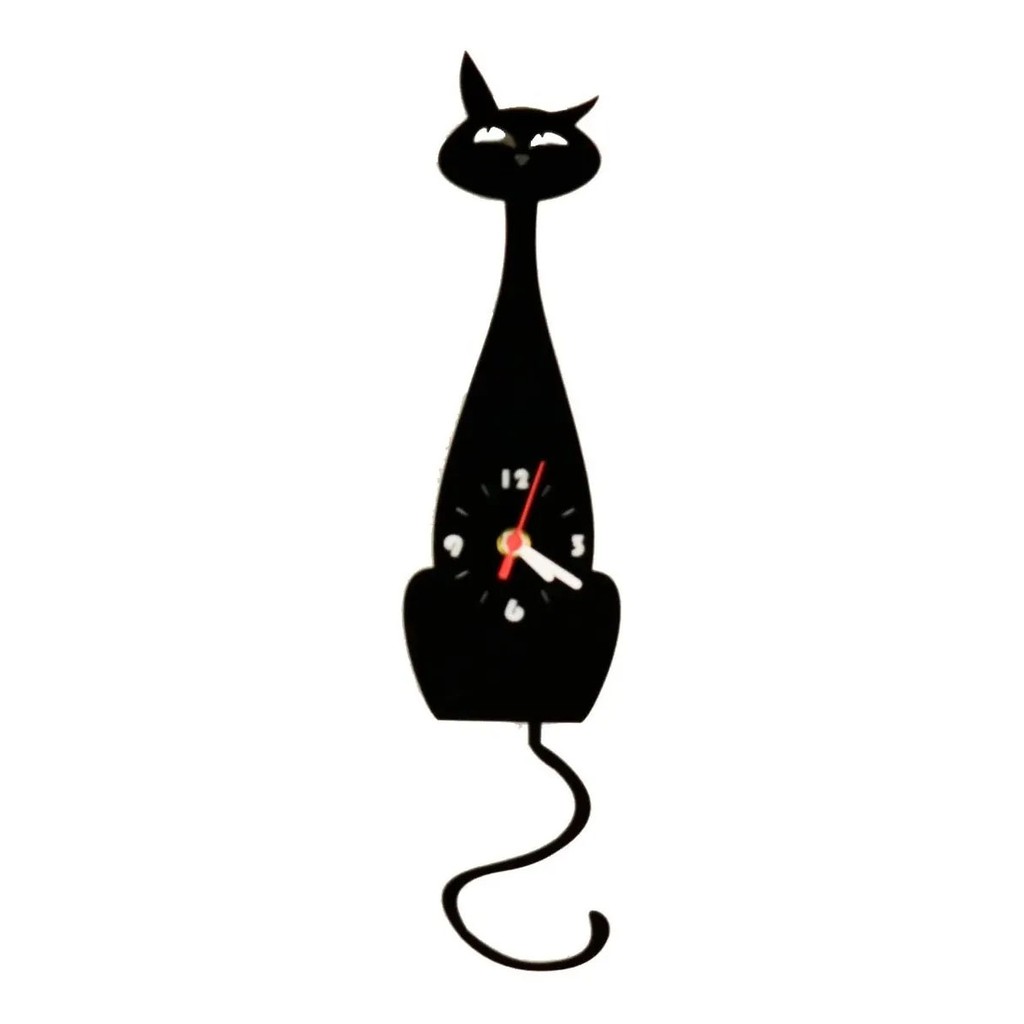 Relógio Parede Pêndulo Gato Mdf Preto Balança O Rabo