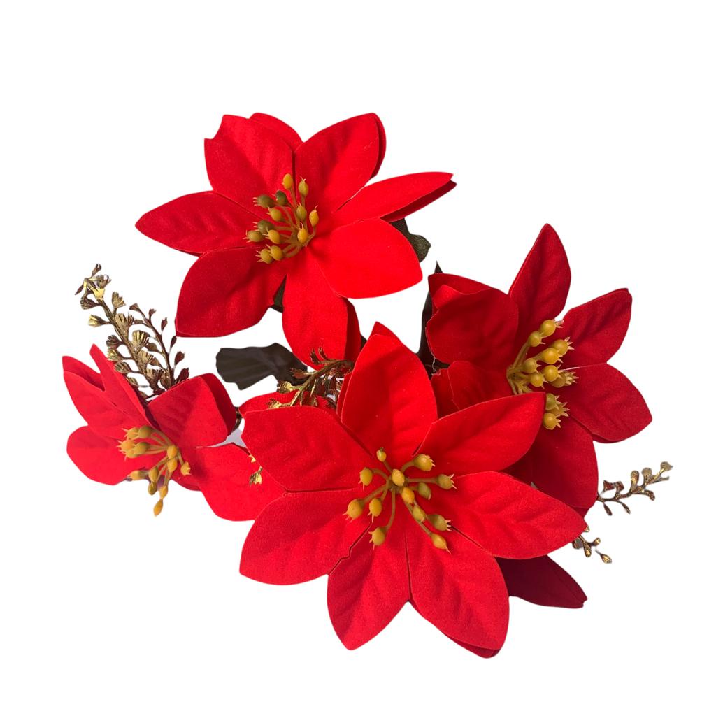 Flor de Natal Pequena Buquê com 5 Flores e Brotinhos Dourados Bico de  Papagaio Artificial | Shopee Brasil