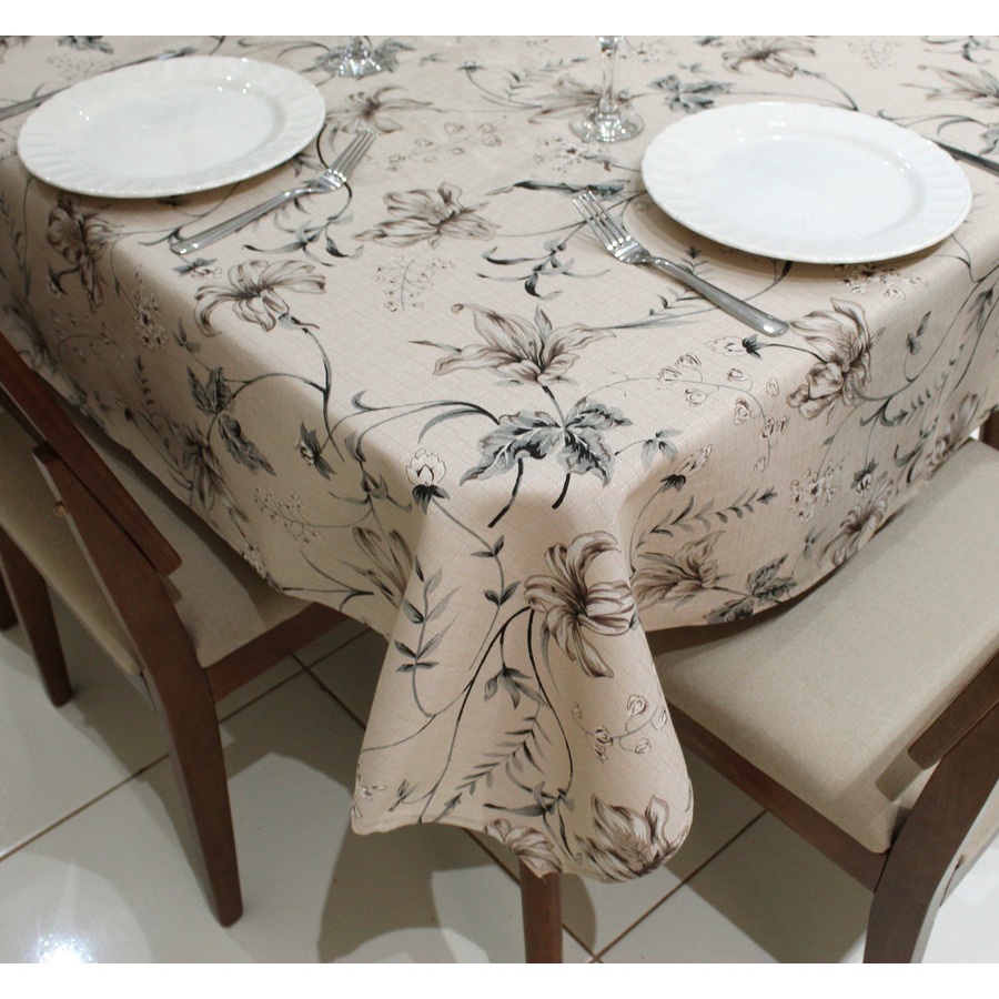 Toalha de Mesa Retangular 6 Lugares Linhão Estampado 2,20m X 1,40m Floral Cinza Sala/Jantar