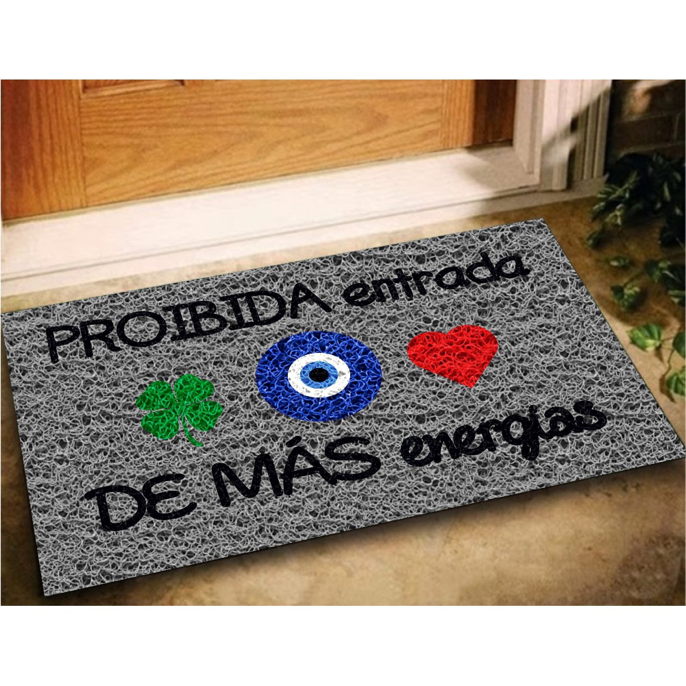 Tapete Capacho para Porta de Entrada Boas Energias Xô Mau Olhado Amuletos da Sorte 60cmx40cm Cinza em Oferta na Shopee