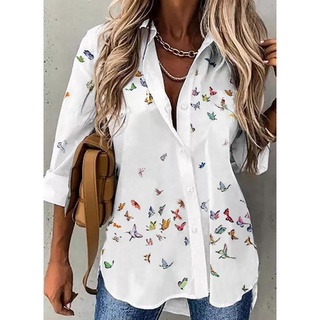 Elegante Blusa Feminina De Manga Longa Borboleta Impressão Com Botão Casual Fashion Social Blusas E Camisas Mais Tamanho 5-5XL