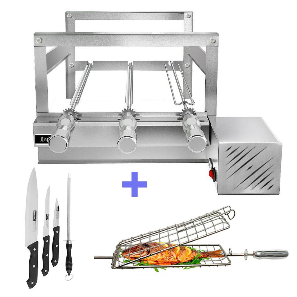 Churrasqueira Giratória Grill Inox Gira Soft Grill 3 Espetos + Espeto Grelha + Faca Lado Direito