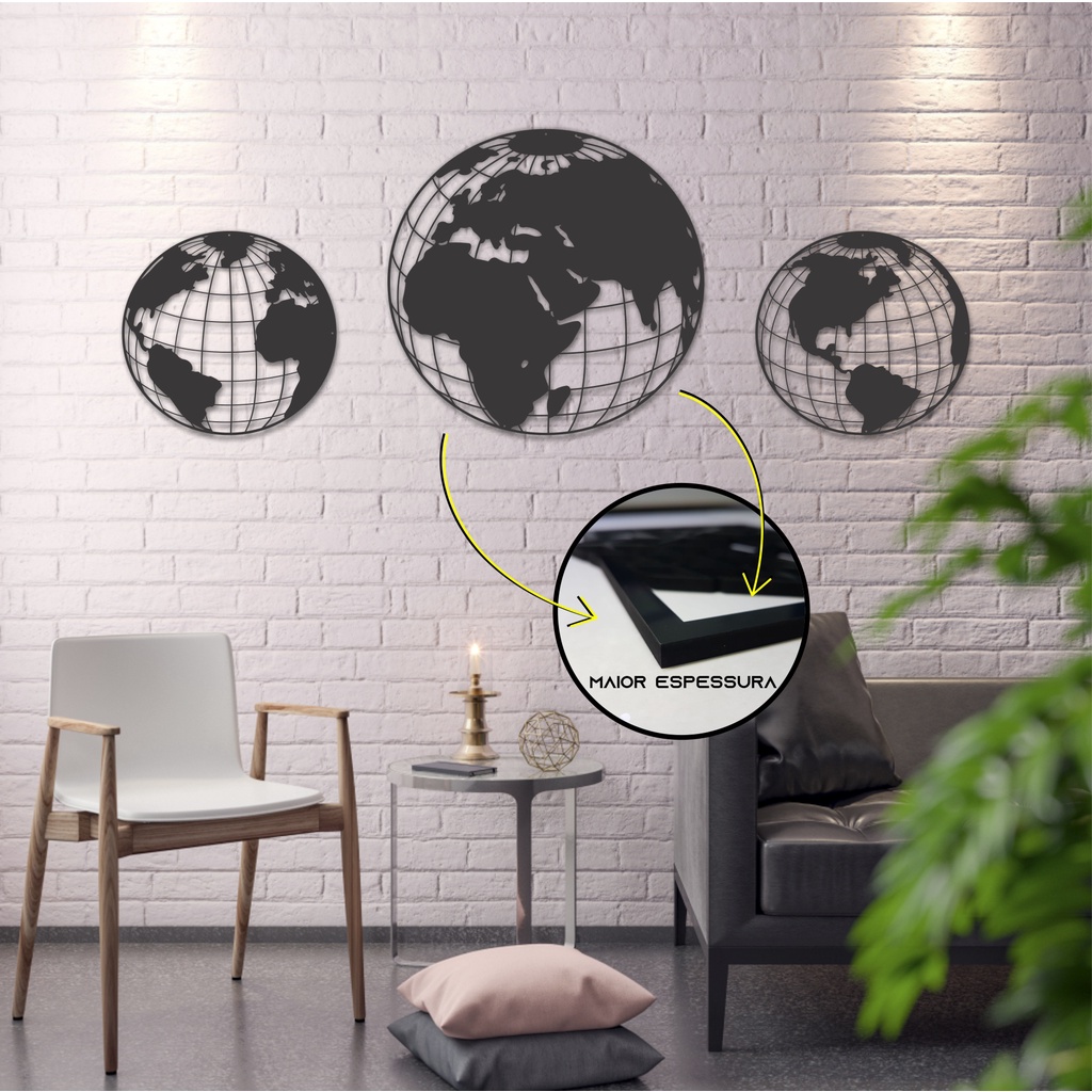 Mapa Mundi Quadro Decorativo Globo  Trio  Vazado 6mm Laqueado Grande Cortado a Laser 55x55