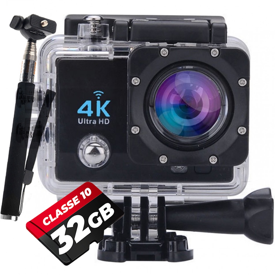 Kit Câmera De Ação 4K Full HD Sport Moto Capacete Bike Carro Surf Skate Esportiva Sports + 32gb + Bastão