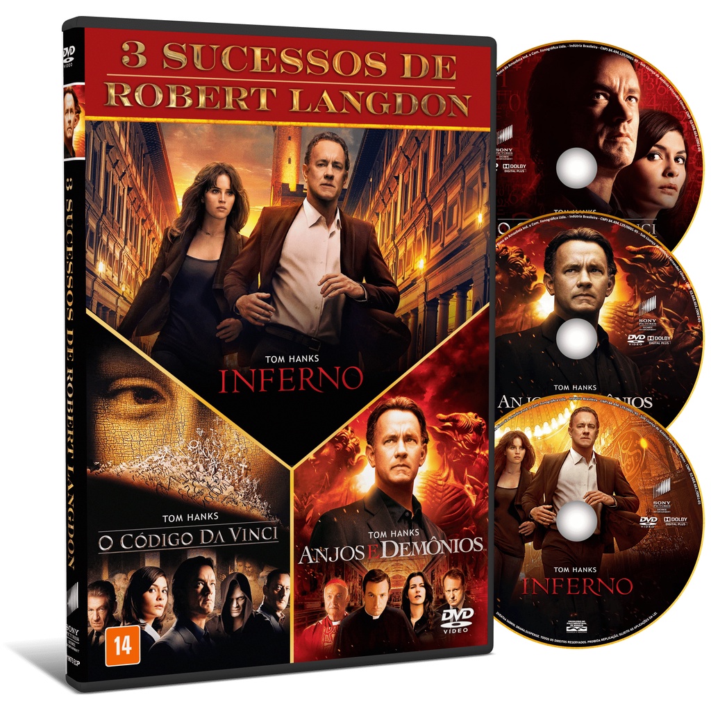 DVD Filmes Clássicos Anjos e Demônios, O Código da Vinci e Inferno Dual Áudio