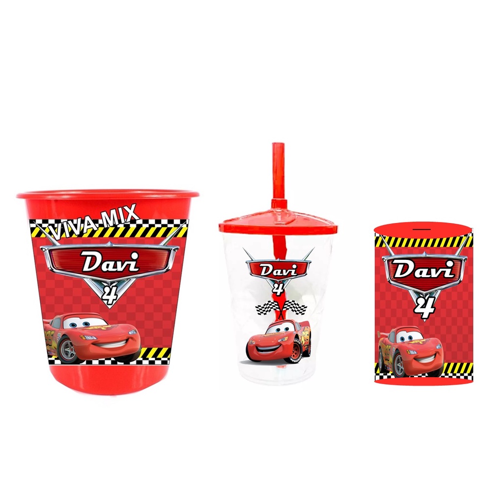 15 Copos Twister 400ml + 15 Baldes de Pipoca 1,5lt + 15 Cofrinhos Kit Festa Personalizado Carros em Oferta na Shopee
